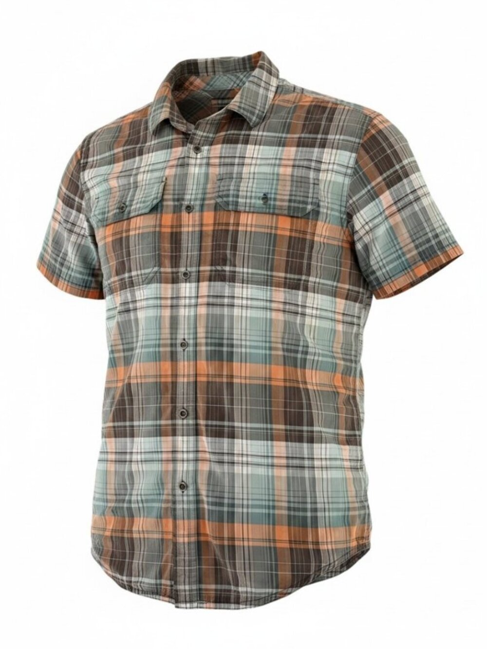 PRANA Orange Gray Brown Plaid Nylon Outdoor Hiking Travel Button Up Shirt size S